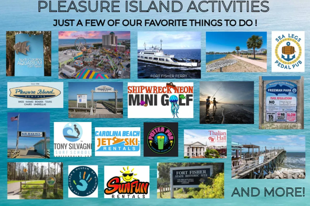 A vibrant collage-style exterior scene featuring signage and imagery for local family-friendly attractions: the North Carolina Aquarium, Fort Fisher Ferry, Shipwreck Neon Mini Golf, and Tony Silvagn Surf School. It radiates a sense of adventure and variety for all ages.
